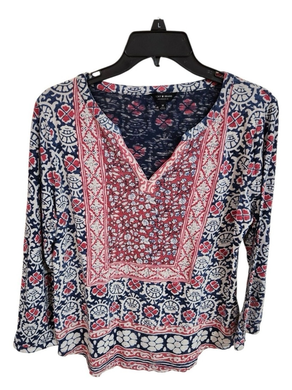 Lucky Brand Top Sz M Boho Floral V Neck Pull Over Long Sleeve Blue Red White